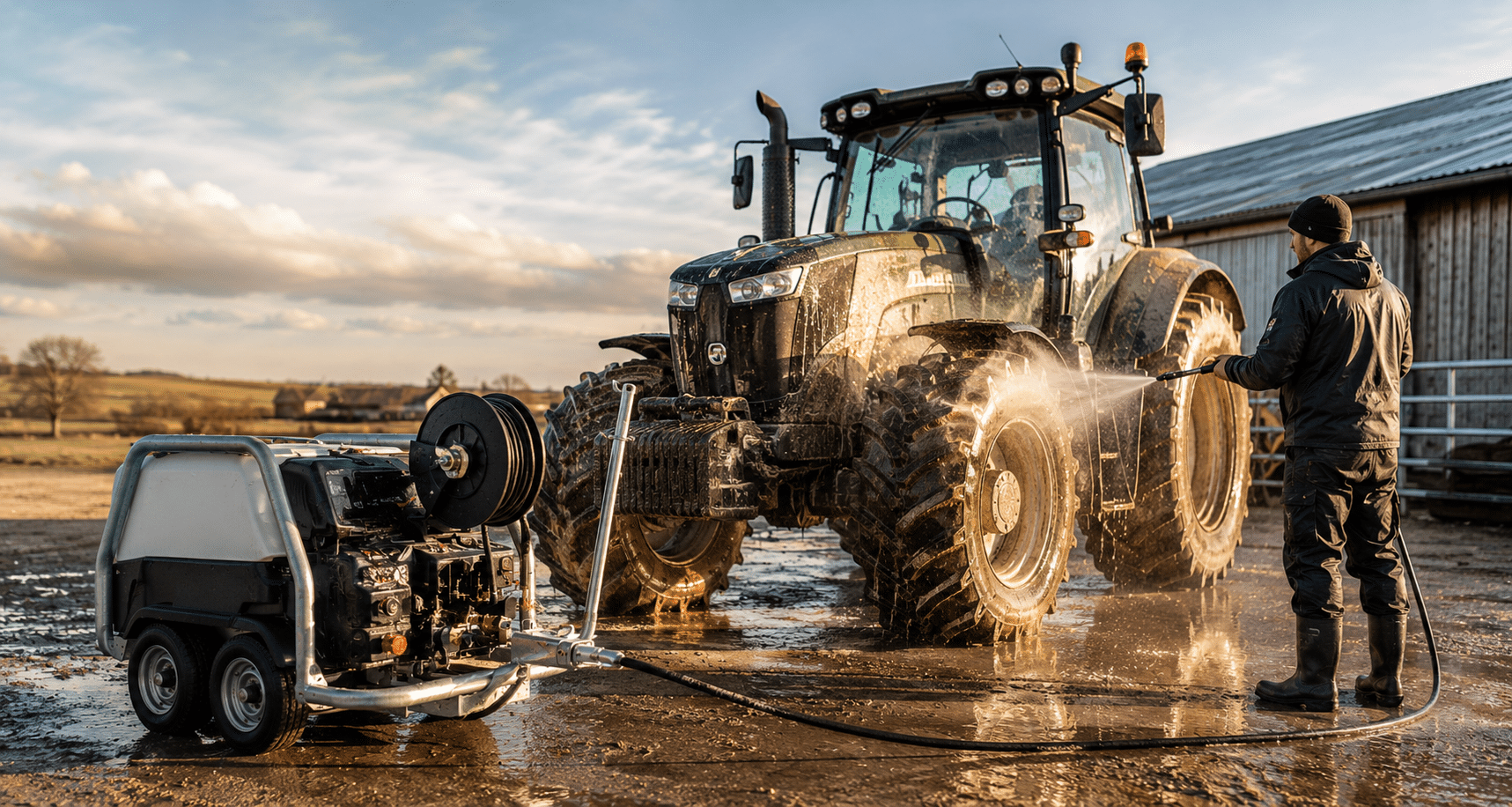 Mobil høytrykksvasker brukt til vask av traktor på gårdsbruk