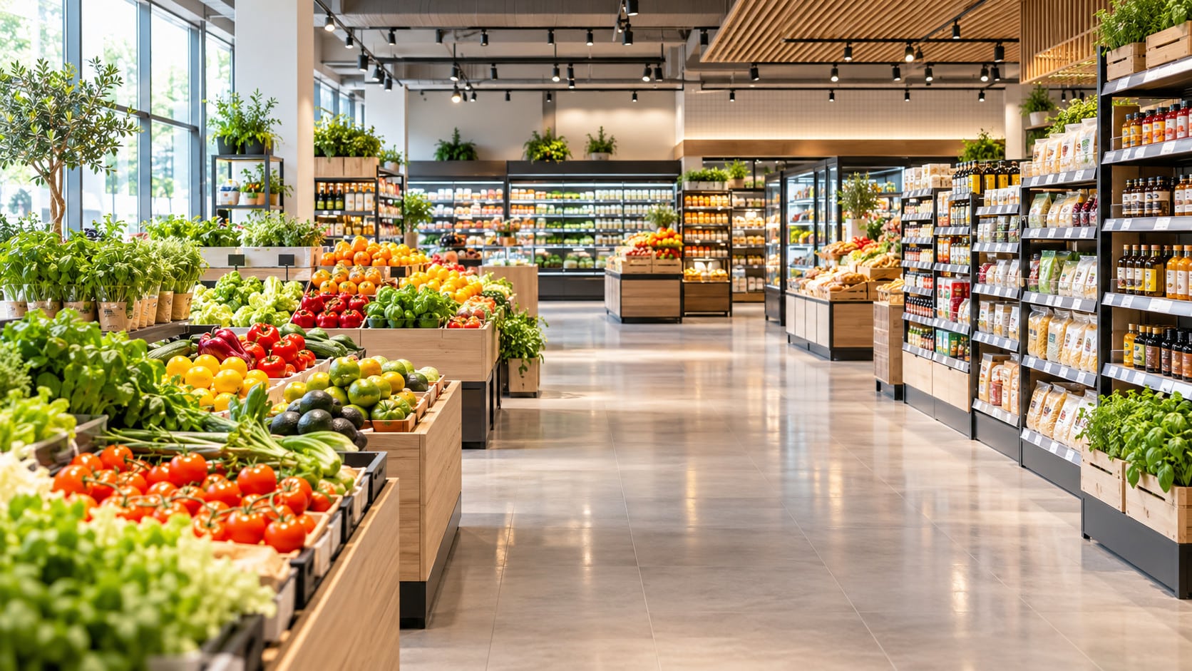 Moderne dagligvarebutikk med rene gulv og brede butikkganger