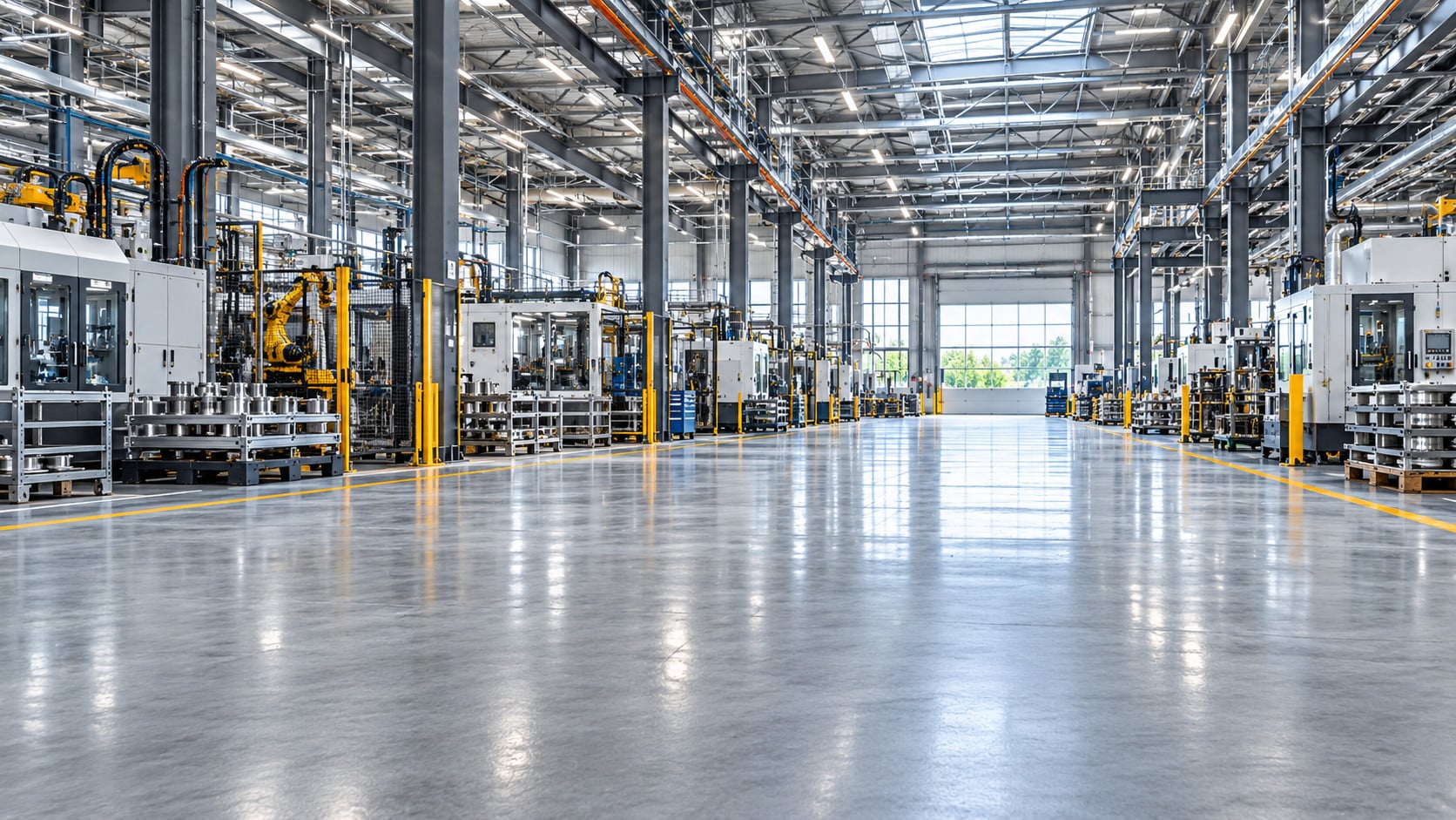 Moderne industribygg med produksjonslinjer