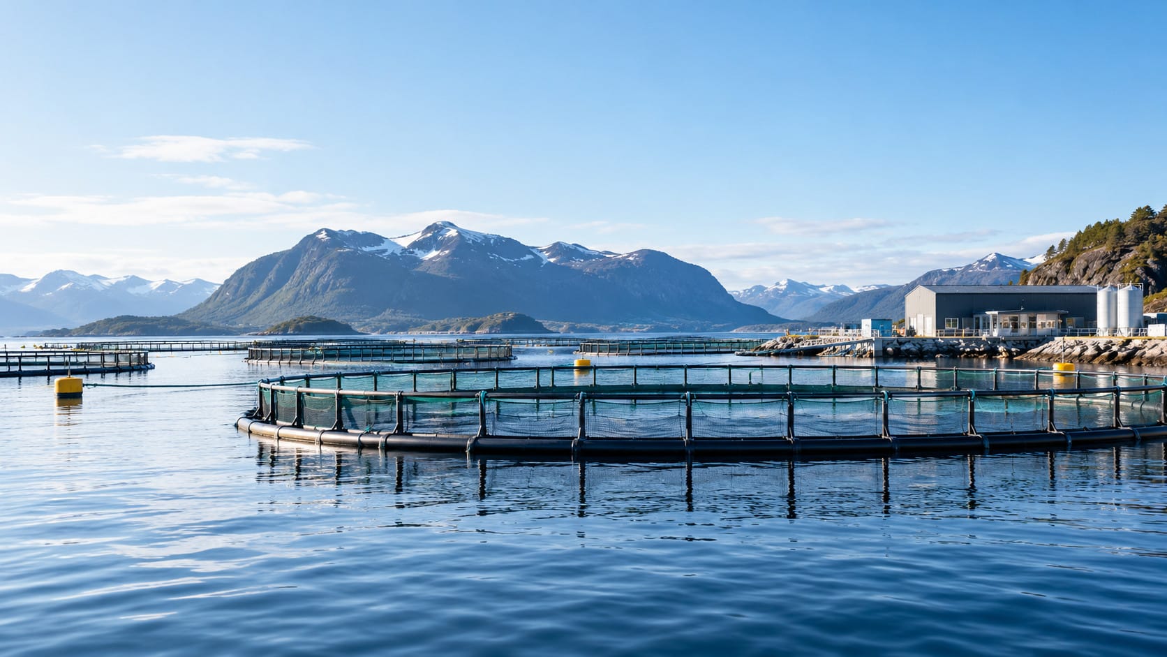 Norsk havbruksanlegg med oppdrettsmerder