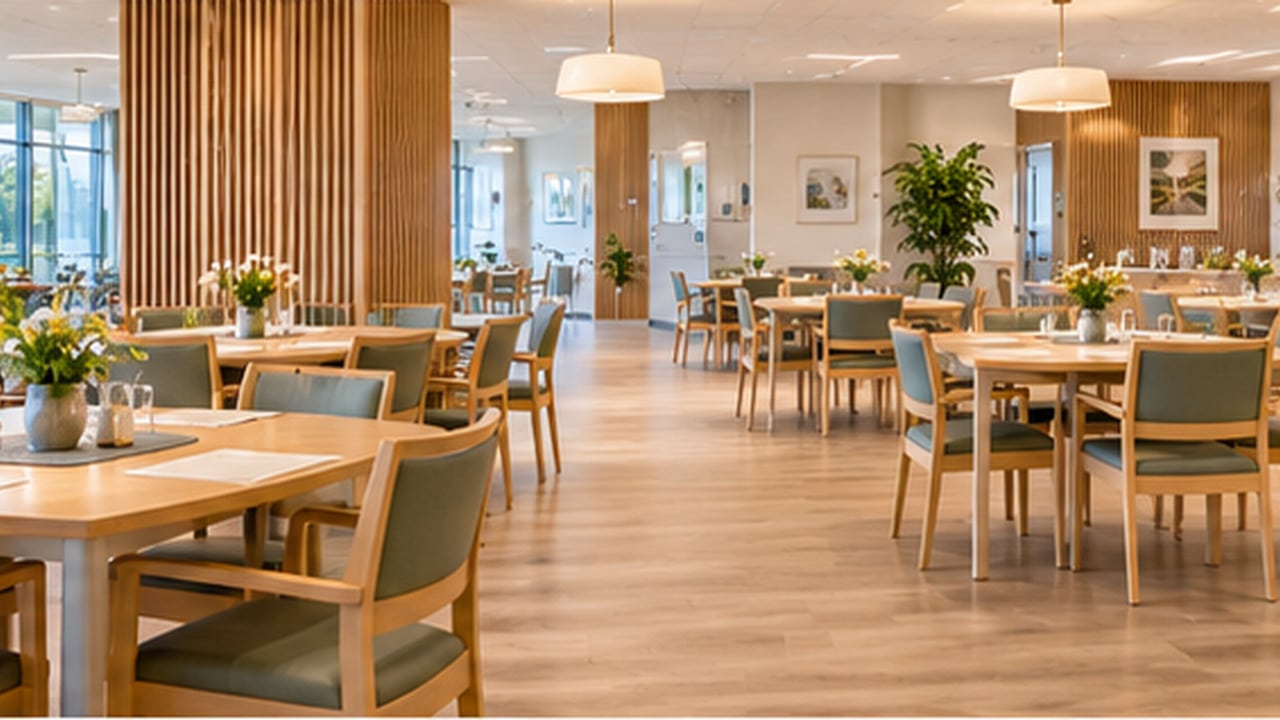 Spiseområde og fellesrom i moderne omsorgsbygg