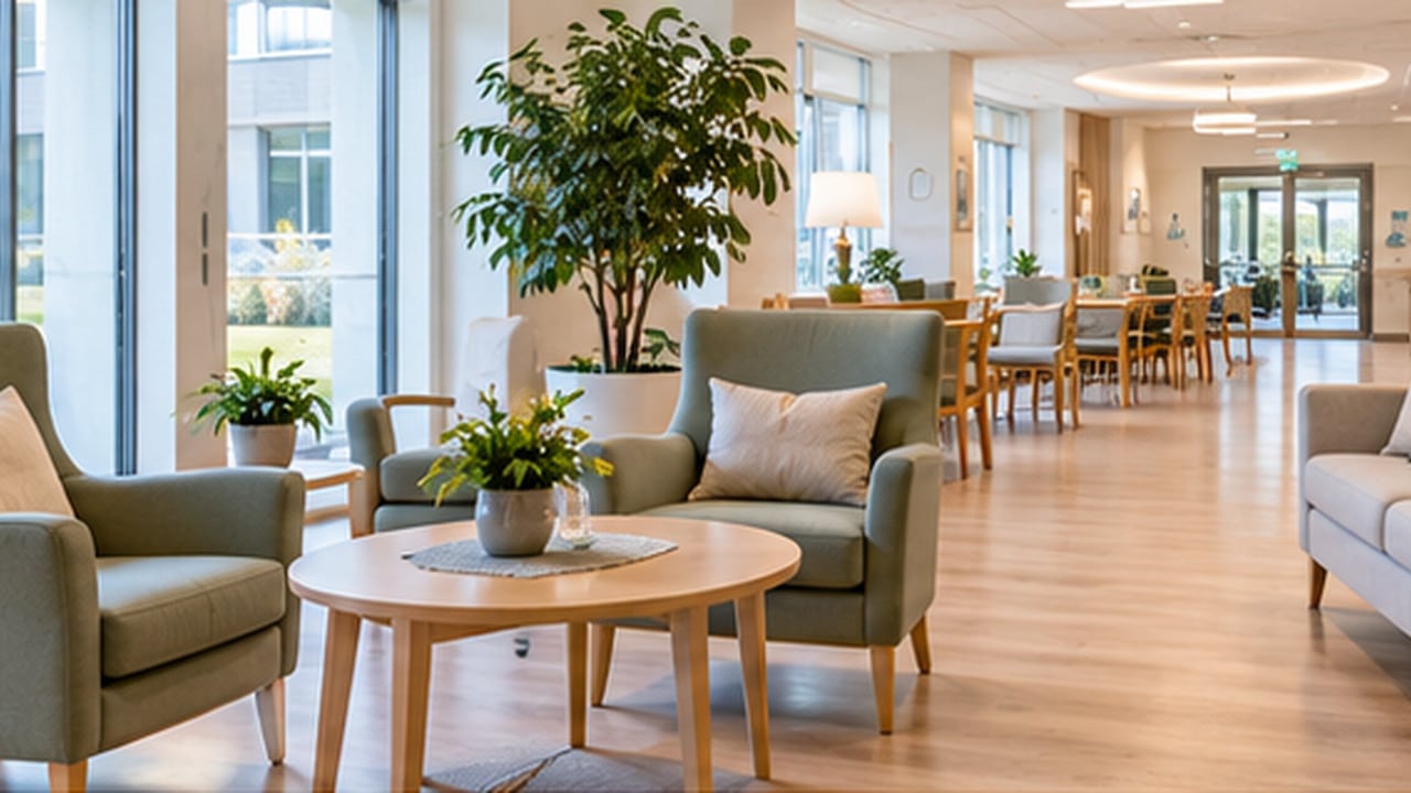 Moderne sykehjem med lyst oppholdsrom