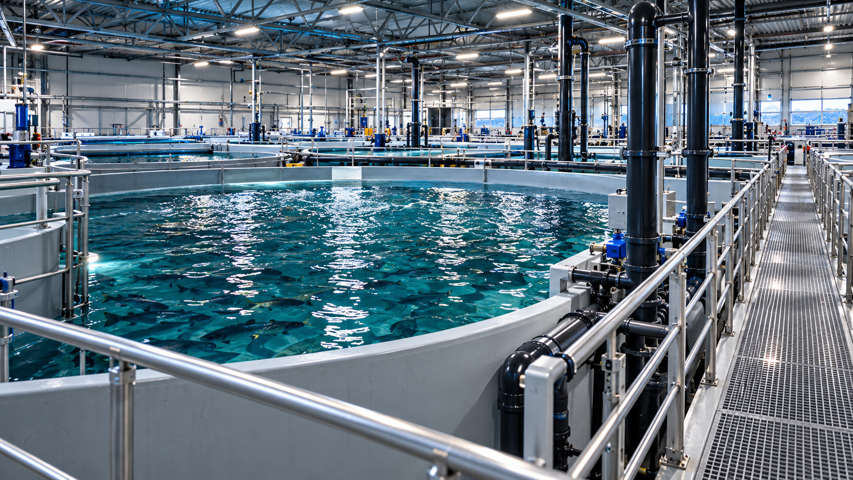 Landbasert oppdrettsanlegg med fiskekar og produksjonsområder
