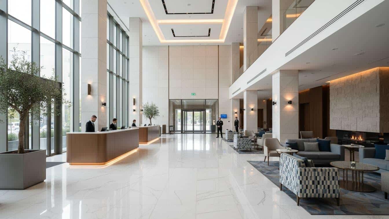 Moderne hotellobby med harde gulvflater