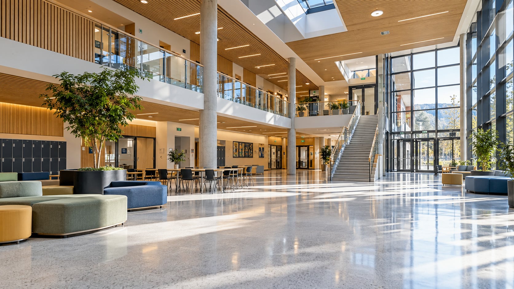 Moderne skolebygg med store åpne fellesarealer