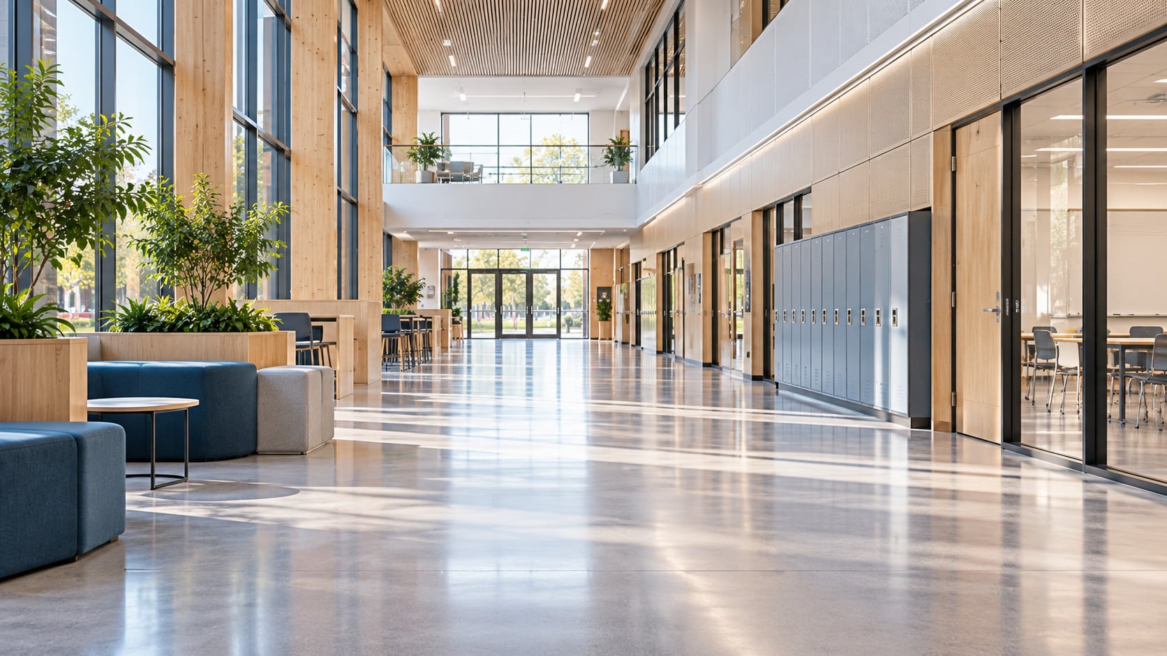 Moderne skolebygg med korridorer og fellesarealer